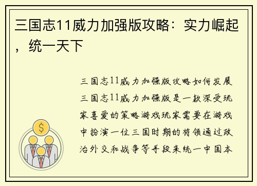 三国志11威力加强版攻略：实力崛起，统一天下
