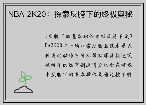 NBA 2K20：探索反胯下的终极奥秘