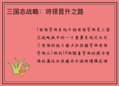 三国志战略：将领晋升之路