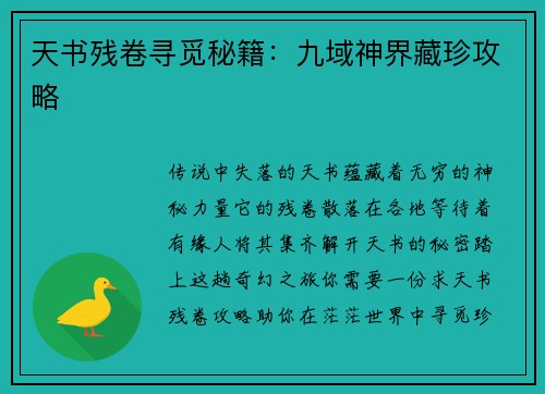 天书残卷寻觅秘籍：九域神界藏珍攻略